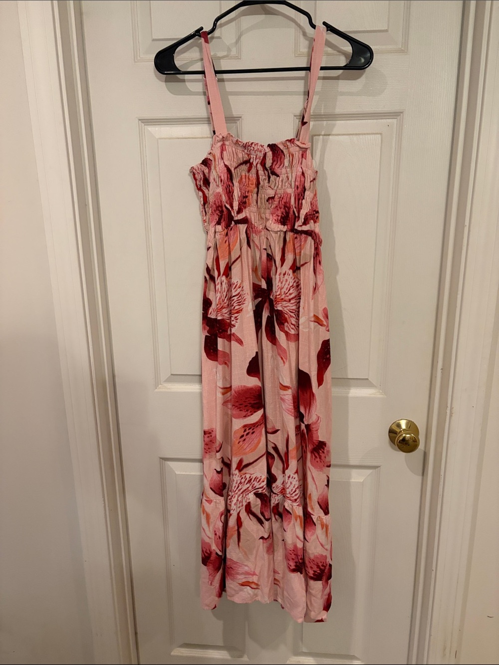 Pink Floral Smocked Midi Dress